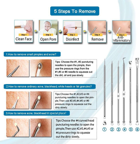 6PCS Dual Heads Blackhead Remover Kit, Pimple Comedone Extractor, Acne Blemish Removal, Premium Stainless Steel,