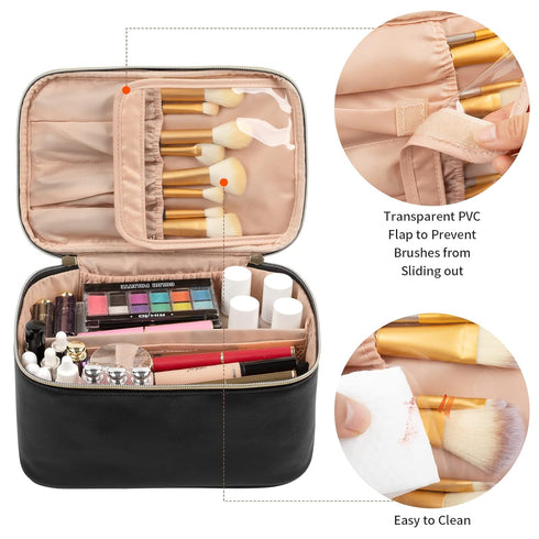 OCHEAL Makeup Bag, Portable Cosmetic Bag, Large Capacity Travel Makeup Case Organizer, Black Toiletry Bag for Girls