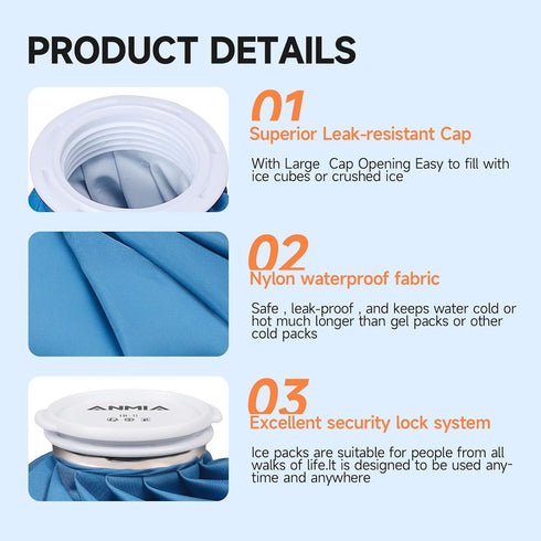 Ice Pack Bags for Injuries: Reusable Cold Pack Water Bag Hot Bag for Pain Relief, Leak-Proof Elastic Ice Bag, 6''