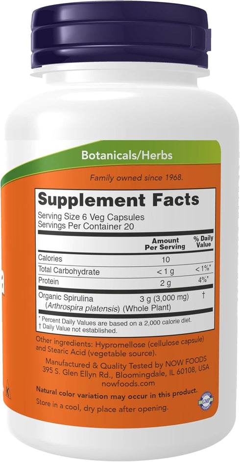 NOW Supplements, Natural Spirulina 500 mg with Beta-Carotene (Vitamin A) and Vitamin B-12, and naturally occurring Protein and GLA (Gamma Linolenic Acid), 120 Veg Capsules