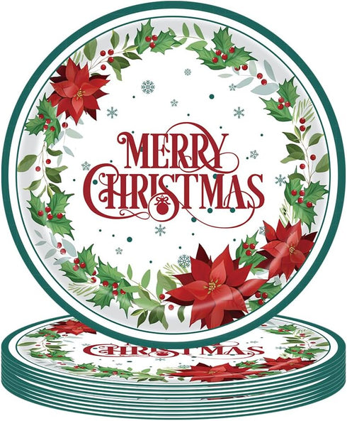SHEPAILAI Christmas Paper Plates Disposable Plates Holly leaf Dinner Tableware Kit Serve 25