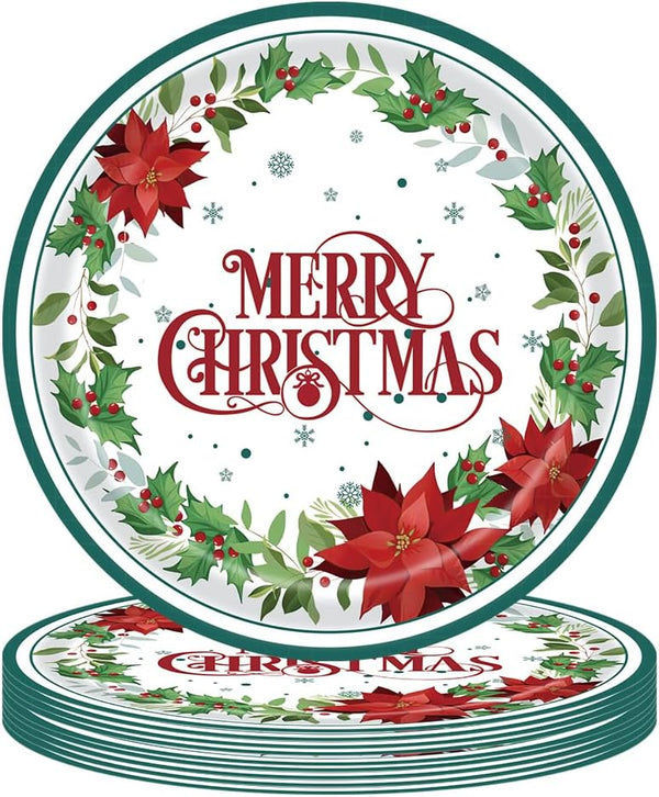 SHEPAILAI Christmas Paper Plates Disposable Plates Holly leaf Dinner Tableware Kit Serve 25