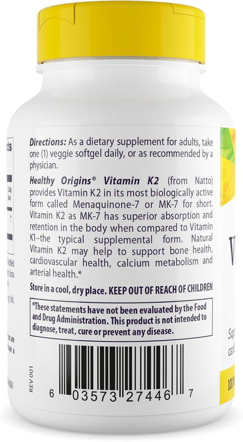 K2 100 (MK-7, 180 Healthy Origins Vitamin mcg Non-GMO, Gluten Free, Cardiovascaular Support, Bone Support), Veggie Gels