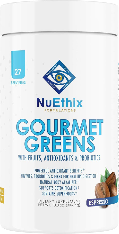 NuEthix Formulations Gourmet Greens Drink Powder - Dietary Supplement with Superfoods and Probiotics, Espresso, 27