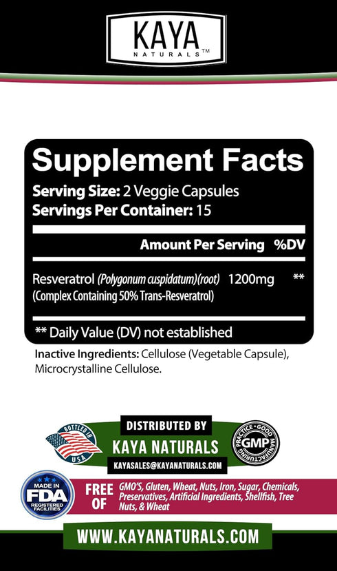 Kaya Naturals Resveratrol Capsules - Anti Aging Supplement with Antioxidants & Brain Support - 30 Veggie Capsules