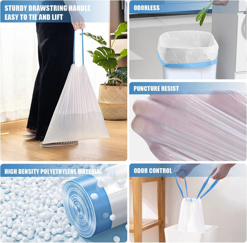 FORID Small Drawstring Trash Bags, 4 Gallon Plastic Garbage Bags, 60 Count, White Unscented Can Liners for Bathroom