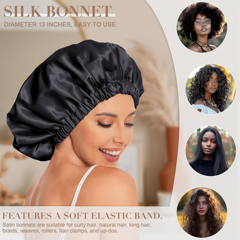 Satin Bonnet Silk Hair Bonnet for Sleeping, Slouchy Beanie Hat for Women's Natural & Curly Hair (Black)