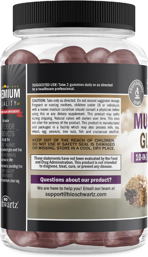 Mushroom Gummies for Adults - 10-in-1 Functional Supplement for Mood and Focus, Vegan Raspberry Flavor, 60 Count