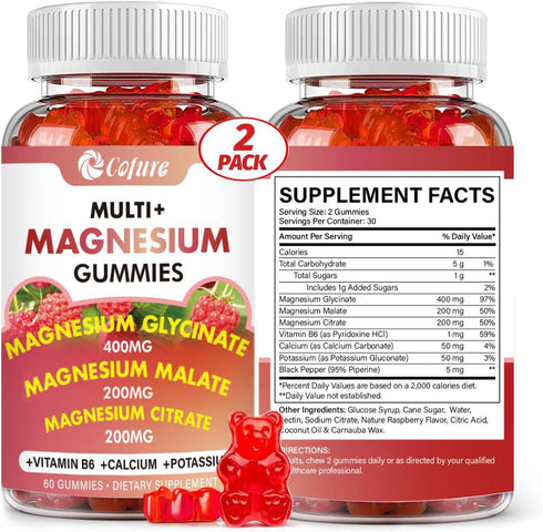 Magnesium Glycinate 400mg, Citrate 200mg, Malate 200mg, Triple Magnesium Complex with Potassium, 120 Gummies