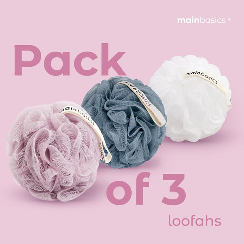 MainBasics Bath Shower Loofah Sponge Pouf - Body Scrubber Exfoliator, Set of 3, Airy Blossom