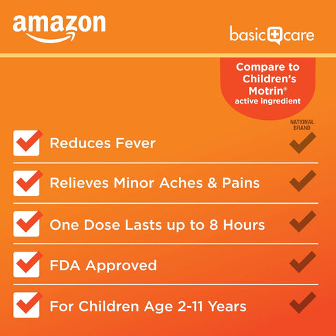 Amazon Basic Care Children’s Ibuprofen Chewable Tablets, 100 mg, Orange Flavor, Pain Reliever, 24 Count