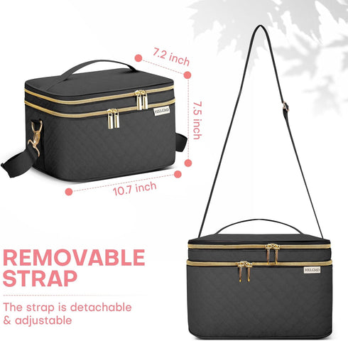 Travel Makeup Bag for Women, Double Layer Cosmetic Organizer Case with Shoulder Strap for Brushes, Bottles, Black