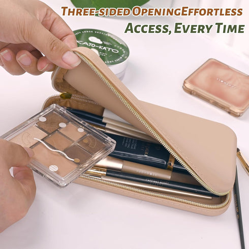 Sakolla Travel Zipper Makeup Brushes Bag Silicone Large Makeup Brush Holder Women Pouch Case for Daily, Work, Essentials Khaki