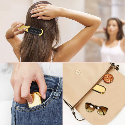 Yusong Hair Brush Set, 2 packs Mini Travel Folding Hairbrush with Mirror for Women Girls, Gold & Silver