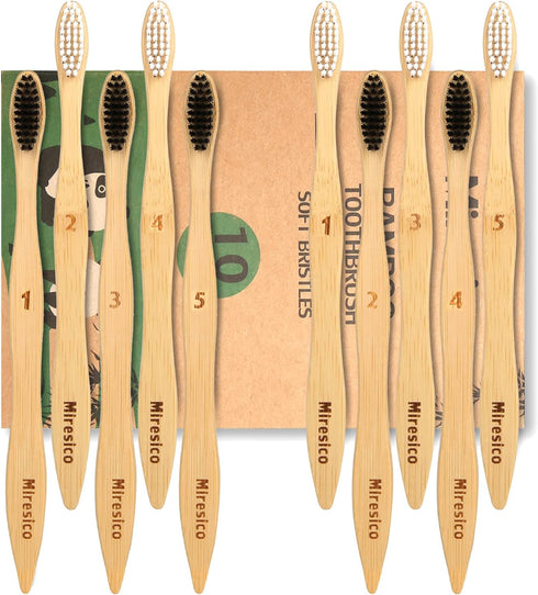 Bamboo Toothbrushes (10 Pack), Eco-Friendly Medium Firm Bristles, Natural Biodegradable Charcoal Wooden Tooth Brush