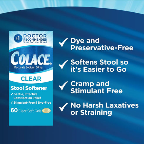 Colace Clear Stool Softener - Soft Gel Capsules for Constipation Relief, 50mg Docusate Sodium, Doctor Recommended, 60ct