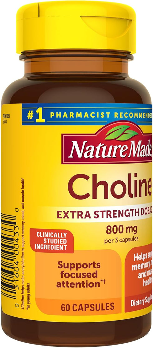 Nature Made Extra Strength Choline Supplements, 800 Mg per 3 Capsules, 60 Capsules, Brain Health, Mood, Muscle & Liver