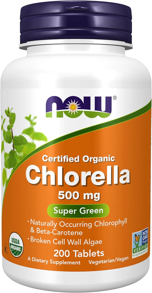 NOW Supplements Organic Chlorella 500 mg with Chlorophyll, Beta-Carotene, Vitamin C, Iron, 200 Tablets