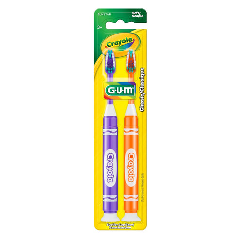 Set 3+, 2 Count GUM Crayola Marker Childrens Toothbrush, Soft Bristled Kids Toothbrush Age Suction Cup Base