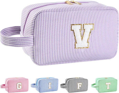 Personalized Initial Makeup Bag A-Z, Monogram Travel Toiletry Bag, Cute Cosmetic Pouch for Women Teen Girls (Purple, V)