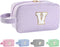 Personalized Initial Makeup Bag A-Z, Monogram Travel Toiletry Bag, Cute Cosmetic Pouch for Women Teen Girls (Purple, V)