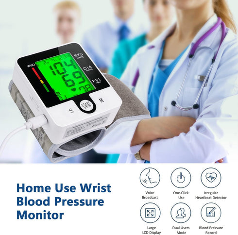 Wrist Blood Pressure Monitor, Talking Digital Automatic Blood Pressure Machine, Rechargeable Blood Pressure Cuff for Home Use, Adjustable Bp Cuff, Large 3 Color Backlit LCD Display