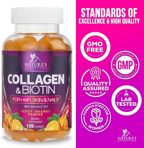 Collagen Peptides - Hair Supplements for Growth Support with Biotin and Vitamin C, 120 Count Gummies