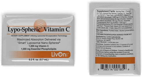 LivOn Laboratories Lypo–Spheric Liposomal Vitamin C 1000mg 30 Packets - No Sugar, Plant Based, Immune Support