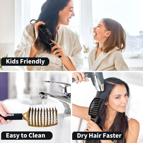 HIPPIH 2 Pack Boar Bristle Hair Brush, Wet & Dry No Pull Curved Vented Detangler for Kids & Men