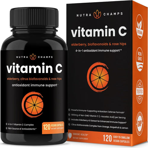 Vitamin C 1000mg with Rose Hips, Elderberry & Citrus Bioflavonoids, Kids Immune Boosting Supplement, 500mg Capsules