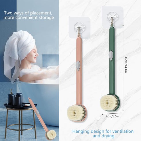 Long Handle Bath Massage Cleaning Brush - Back Scrubber for Shower with Soap Dispenser, Pink + Green