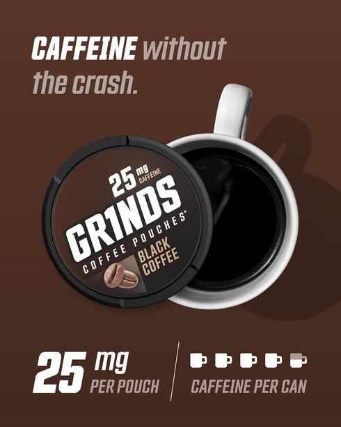 Grinds Coffee Pouches | Tobacco Free, Nicotine Free | 3 Cans of Black Coffee, 18 Pouches Per Can