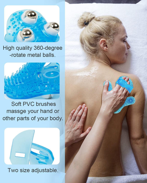 Glove Massager Palm Shaped Hand Massage Manual with 9 360-Degree Roller Balls, Blue