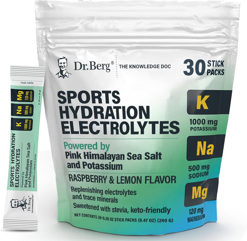 Dr. Berg Sports Hydration Electrolytes Powder, 30 Keto Packets, Pink Himalayan Salt, Salty Raspberry & Lemon Flavor,
