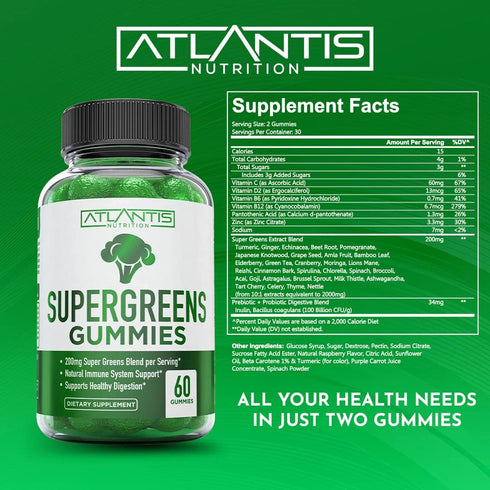 Supergreens Gummies, Daily Green Superfoods Supplement with Spinach, Broccoli, Moringa, 60 Gummies