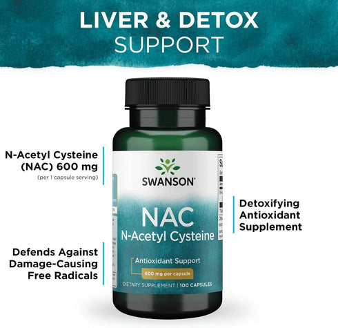Swanson Premium Brand NAC N-Acetyl Cysteine - 600 mg, 100 Capsules, Antioxidant and Cellular Health Support Supplement