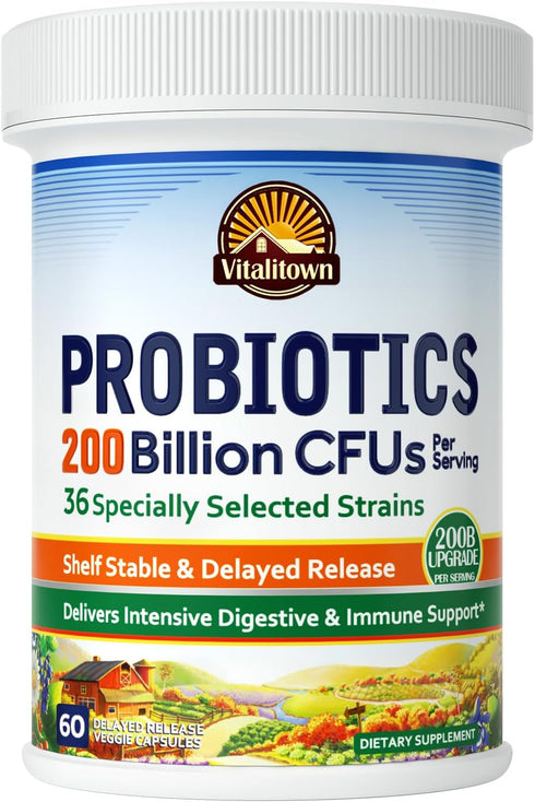 VITALITOWN Probiotics 200 Billion CFUs, 36 Strains, Shelf Stable, Acid & Bile Resistant for Intensive Digestive &