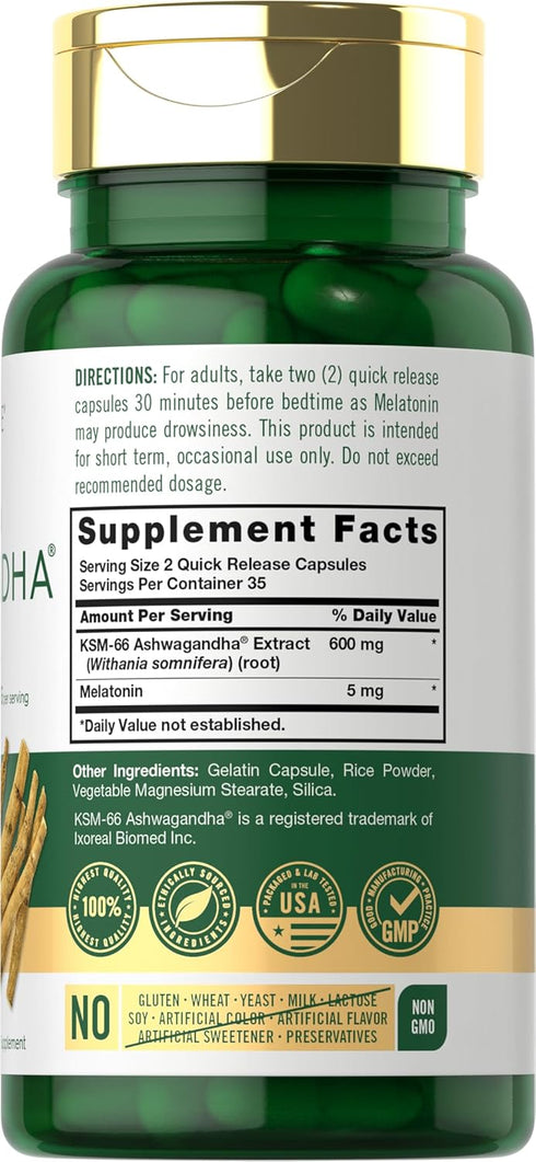 Carlyle KSM-66 Ashwagandha Capsules 600mg | 70 Count | with Melatonin 5mg | Potent Complex | Non-GMO, Gluten Free