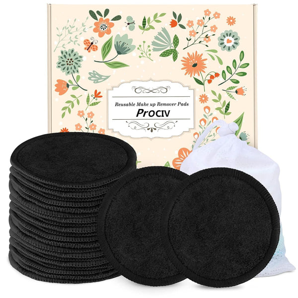 ProCIV Reusable Makeup Remover Pads - 25 Packs Washable Organic Cotton Rounds with Laundry Bag (Black)