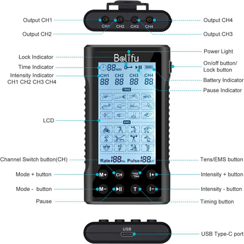 Belifu 4 Channel TENS EMS Unit, 24 Modes, Rechargeable Electric Pulse Massager for Pain Relief Therapy (Black)