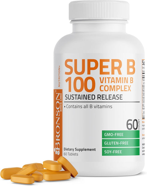 Bronson Vitamin B 100 Complex, High Potency Sustained Release, 60 Tablets (Vitamin B1, B2, B3, B6, B9, B12)