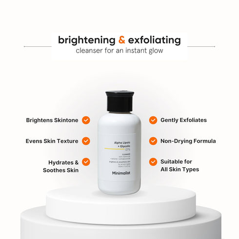Minimalist 7% ALA & AHA Face Wash for Brightening, Exfoliating, Glow & Even Tone | With Vitamin B5 For Hydration & Glycolic Acid For Exfoliation | 3.4 Fl Oz / 100 ml