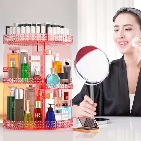 Pink 360 Makeup Organizer Carousel, Large 7 Layers Acrylic Make Up Organizer for Vanity, Fits Makeup Brushes,