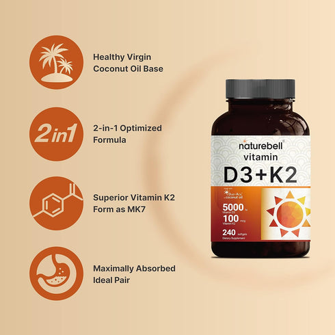 NatureBell Vitamin D3 5000 K2 (MK7), 240 Softgels - 2 in 1 Support with Virgin Coconut Oil