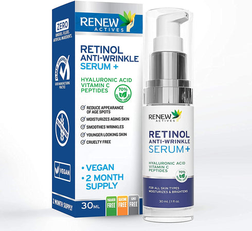 Renew Actives 1% Retinol Serum for Face with Hyaluronic Acid, Vitamin C, Peptides - 30mL