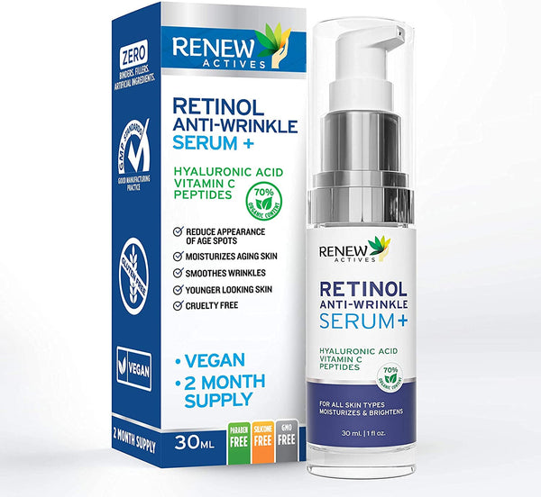 Renew Actives 1% Retinol Serum for Face with Hyaluronic Acid, Vitamin C, Peptides - 30mL