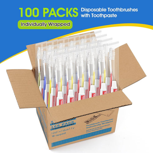 100 Packs Disposable Toothbrushes with Toothpaste, Individually Wrapped Travel Toothbrush and Toothpaste Buld for Travel Size Toiletries, OCC, Airbnb, Dentist, Office/4 Colorful