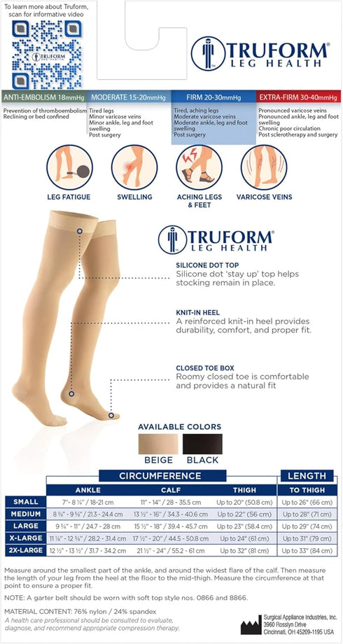 Truform 20-30 mmHg Compression Stockings, Thigh High, Dot Top, Closed Toe, Beige, Large