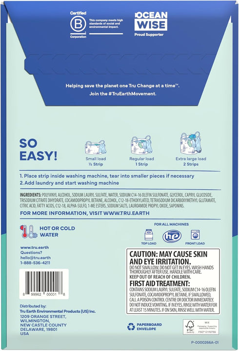 Tru Earth Compact Dry Laundry Detergent, Unscented, Up to 64 Loads (32 Sheets), Liquidless Detergent