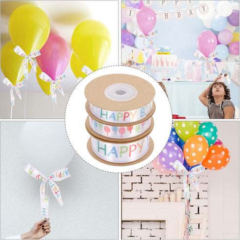 3 Rolls Happy Birthday Satin Ribbon, Wide Ribbon for Party Decoration, Balloons Wrapping